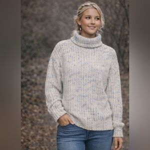 Chunky Knit Cowl Neck Sweater Blue Cream Oversized Cozy Textured Pullover Small